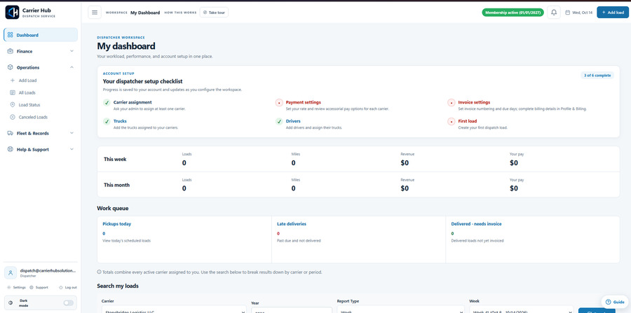 CH Dispatch dashboard and load queue