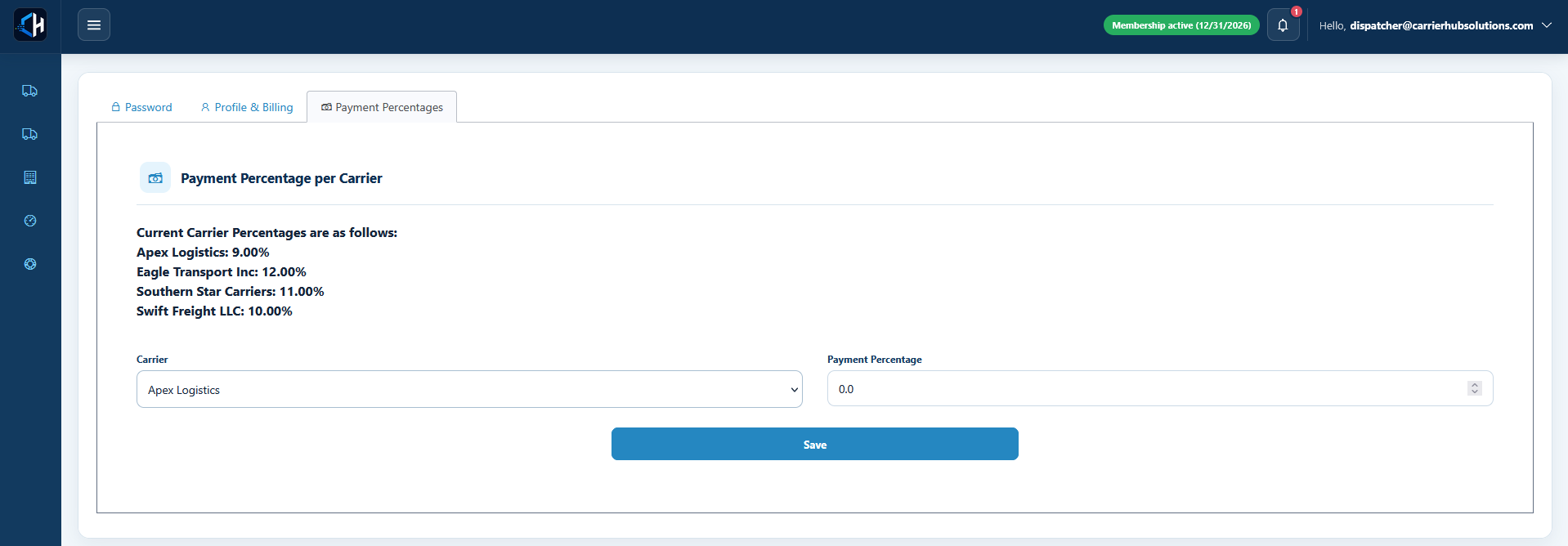 CH Dispatch payment percentage per carrier screen